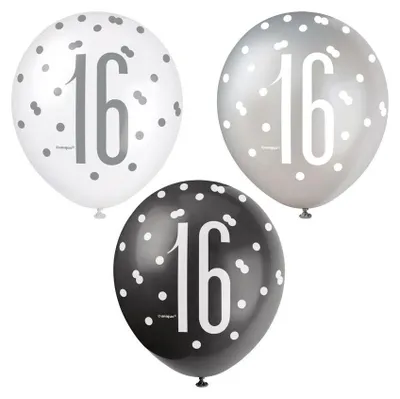 Produktbild von 6 Luftballons schwarz & silber Zahl 16