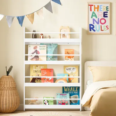 Produktbild von SoBuy Bücherregal Kinder Wandregal für Kinderzimmer Kinder Bücherregal Wand mit 4 Ablagen Montessori Kinderregal Schmal Regal Wand Regal KMB08-II-W