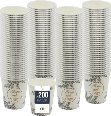 Produktbild von BenBow Kaffeebecher 180 ml x 200, Pappbecher zum Mitnehmen, Einwegbecher für Unterwegs, All You Need Is Coffee, Kaffee Becher für Büro und Kaffeemaschinen, Robust und Praktisch