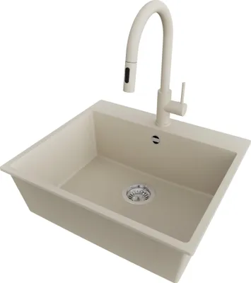 A beige kitchen sink with a beige faucet, shown from a slightly elevated diagonal angle against a white background.