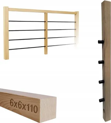Obrázek produktu pro Čtvercové dřevo - Dřevěný sloupek - pro zábradlí - 6x6x110 cm - Dubové dřevo - Kompletní montážní sada - Montáž trubek ⌀ 25 mm ve vodorovné poloze