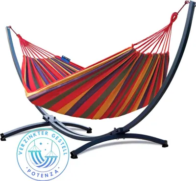 Produktbild von Potenza Outdoor Hängematte mit Verzinkter Gestell für 2 Personen I Baumwolle Doppelhängematte XXL 220x160, 200kg I Hängemattengestell 220kg, wetterfest