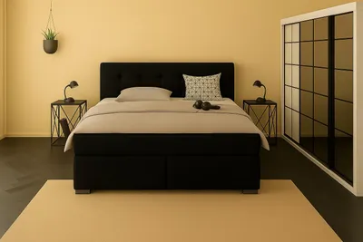 A bedroom scene with a bed, nightstands, and a wardrobe.