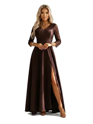 Produktbild von Numoco Abendkleid Amber Maxikleid Langes Kleid mit Spitze Partykleid, braun, Gr. M