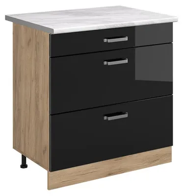 Productafbeelding van Keukenonderkast Vicco R-Line Zwart hoogglans/Goudkleurig Eiken 80 cm met 3 laden marmer werkblad, Model 72462
