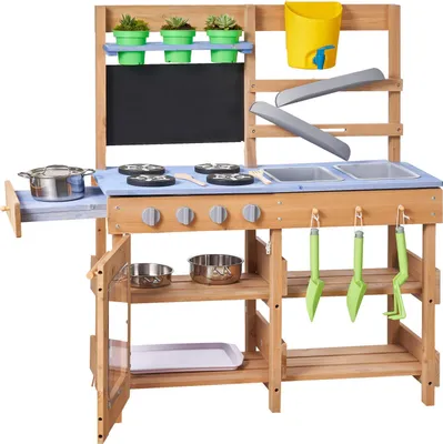 Produktbild von VEVOR Spielküche, Kinderküche, Spielzeugküche mit Herd, Haken, Spülbecken, Pflanzspaten, Pfannenwendern, Griffen, Kochgeschirr & Zubehör, Holzküche für KInder ab 3 Jahren, 762x324x914 mm
