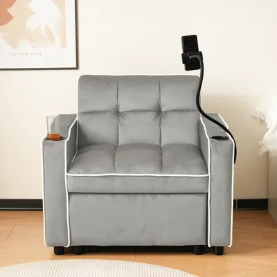 Produktbild von okwish 3-in-1 Ausziehbares Einzel-Schlafsofa – Mit Getränkehaltern und Handyhalter, Sofa-Liegestuhl, Schlafstuhl, Sessel, perfekt für kleine Räume,83*167*76cm, Hellgrau