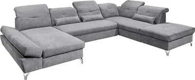 Produktbild von Wohnlandschaft mit verstellbaren Kopfstützen und Schlaffunktion in Mikrovelours dunkelgrau, U-Form mit Bettkasten rechts, Serie MUCCIA-09