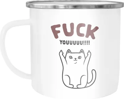 Produktbild von Emailletasse Fuck Youuu! Katze-Motiv Mittelfinger Emaille-Becher mit Spruch Motiv lustig Moonworks® weiß-metall Emailletasse