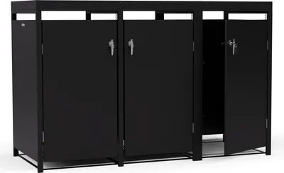 Image de Blumfeldt BinSafe cache poubelle extérieur – acier galvanisé, 3 portes, toit jardinière, fermeture à clé, pour 60 L/120 L/240 L, design moderne, noir