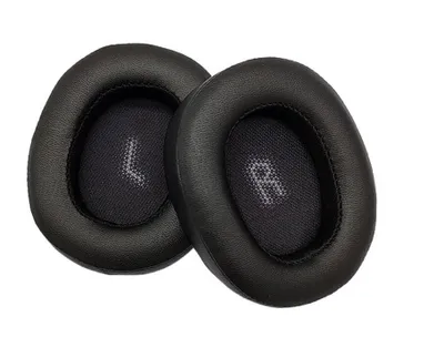 Two black ear pads for headphones are shown against a white background.