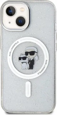 A glittery transparent iPhone case with Karl Lagerfeld and Choupette figures.