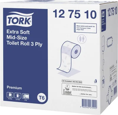Obrázok produktu pre Tork® 127510 Toaletný papier Midi pre systém T6 - extra mäkký, 3-vrstvový, 27 roliek á 70 m
