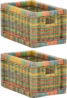 Produktbild von KRINES HOME Stabiles Set / 2 Regalkorb mit Holzrahmen Schubfach aus echtem Rattan / Schübe Box zur Aufbewahrung Regalkorb Schrankkorb Griff (Bunt, Set 20x32x17)