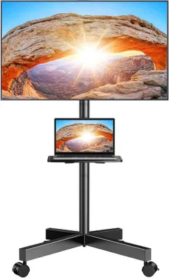 Obrázek produktu pro Pohyblivý stojan na televizor pro LED/zakřivené televizory o úhlopříčce 23–60 palců s odkládací plochou – výškově nastavitelný, na kolečkách, nosnost až 40 kg