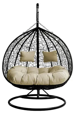 Produktbild von Hängesessel Torn mit Polster und Kissen, 2-Sitzer aus Polyrattan mit Gestell, Outdoor Hängestuhl für zwei Personen, Hängekorb, Zweisitzer (Schwarz/Creme)