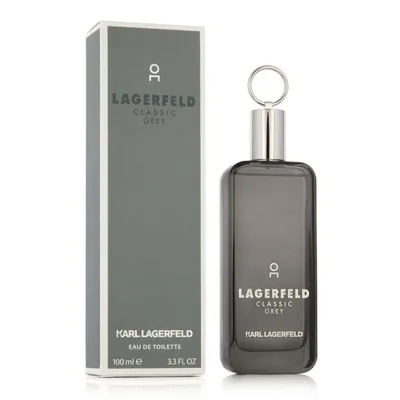 A bottle of Lagerfeld Classic Grey Eau de Toilette and its packaging are displayed against a white background.