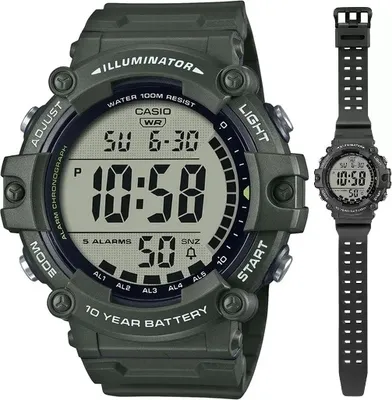 A digital watch is shown with its strap and a close-up of its face.