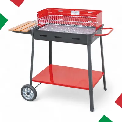 Immagine prodotto di Barbecue BBQ a carbonella con ruote griglia regolabile acciaio verniciato smaltato ripiano laterale legno 60x40x85cm