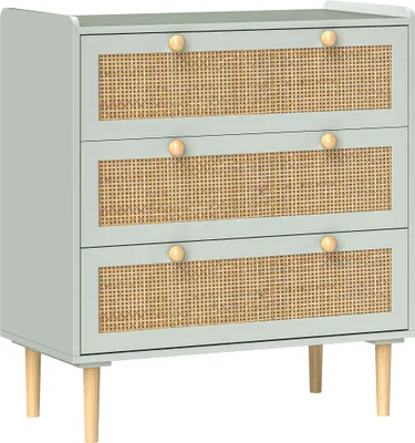A light green dresser with three rattan-look drawers and wooden legs.