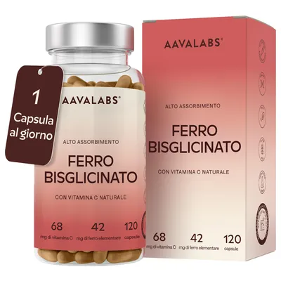 Immagine prodotto di Aavalabs Bisglicinato di ferro 42 mg | Vitamina C e acerola | Energia | 120 capsule