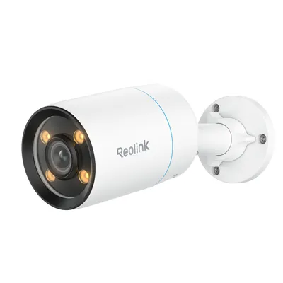 A white Reolink CX810 4K 8MP ColorX PoE surveillance camera is shown against a white background.