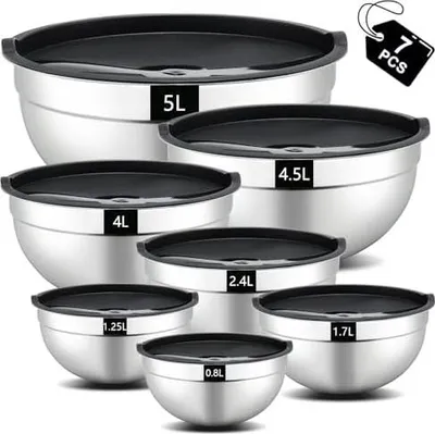 Produktbild von hunnycook Rührschüssel 7-teiliges Set, Edelstahl Salatschüssel mit Deckel, Stapelbares Rührschüssel Set, Mixing Bowls, Spülmaschinenfest, 5L, 4.5L, 4L, 2.4L, 1.7L, 1.25L, 0.8L