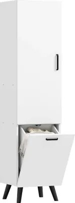 Image de Armoire de salle de bain - Armoire haute - Avec portes et étagères - Panier à linge - Autonome - 35 x 31,5 x 144 cm - Mélamine - Blanc