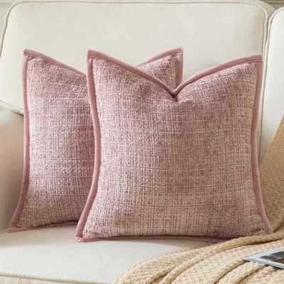 Productafbeelding van 2 stuks kussenhoezen, poederroze, 65x65 cm, chenille met fluweelrug