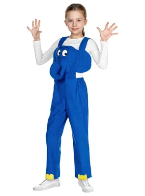 A young girl wearing a blue elephant costume stands against a white background, with her hands raised.