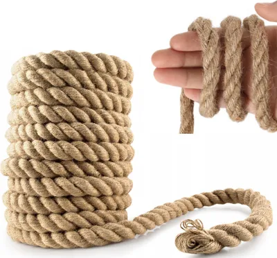 A coil of thick jute rope is shown on a white background, with a hand holding a section of the rope in the upper right corner.