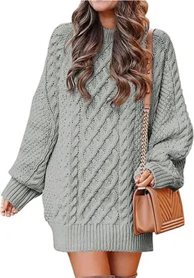 Produktbild von ASKSA Damen Pulloverkleid Rundhalsausschnitt Langarm Zopfmuster Rollkragen Chunky Pullover Kurze Pulloverkleider, Grau, M