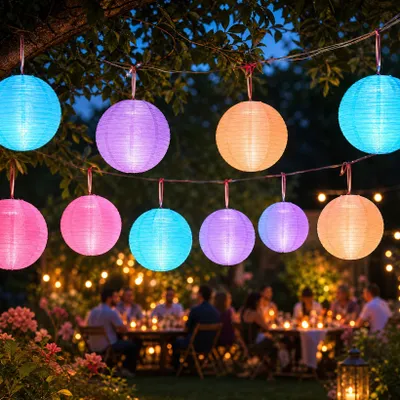 Produktbild von 10er LED Lampions außen mit Fernbedienung,12 Farben, dimmbar Ø30cm mit Batterie