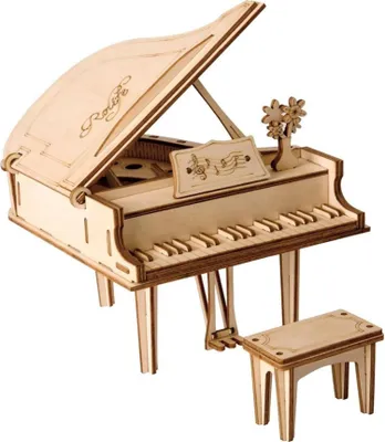 A 3D wooden model of a grand piano with a bench and a small vase of flowers.
