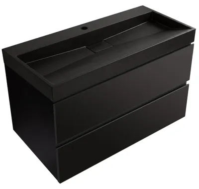 Productafbeelding van Badkamermeubel Carole - mat zwart + wastafel van composietsteen Vita - mat zwart - met afvoergat - 100x58x46 cm
