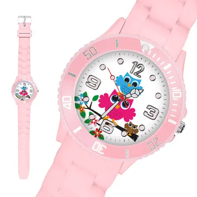 Produktbild von Taffstyle Kinder Armbanduhr Kinder Silikon Armbanduhr mit Eulen Motiv, Rosa / 34mm