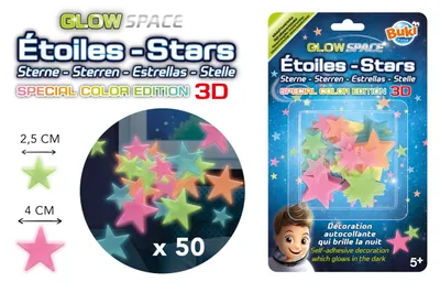 Imagen del producto de BUKI SB51: Estrellas luminosas para habitaciones infantiles. Adhesivos fluorescentes y multicolores para paredes y techos. Decoración para la noche, color blanco, varios colores