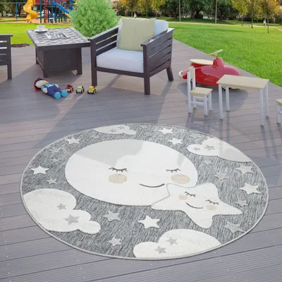 Produktbild von TT Home Kinderzimmer Outdoor Teppich Kinder Rund Spielteppich 3D Optik Mond Grau Größe 200 cm Rund