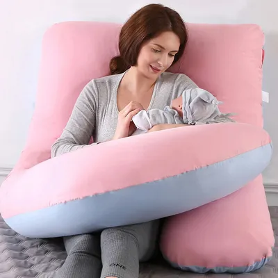 Image de Coussin d'allaitement en forme de J, coussin de grossesse, coussin pour dormir sur le côté, coussin de rangement, avec housse amovible, 70 * 145 cm, rose et bleu