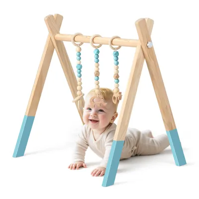 Immagine prodotto di COSTWAY Baby Gym baby play set trapezio gioco arco giocattolo in legno centro attività con 3 giocattoli per bambini per lo sviluppo cerebrale e la stimolazione sensoriale, per bambini oltre 3 mesi Verde