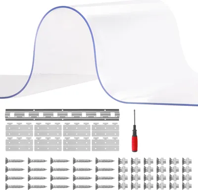 A clear product shot of a transparent PVC strip curtain kit with mounting hardware and a screwdriver.