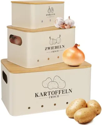 Immagine prodotto di Set di contenitori per patate, 3 pezzi, coperchio in bambù, beige, stile vintage
