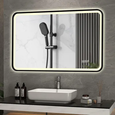 Produktbild von okwish rechteckig Badspiegel mit dimmbarer LED und Memory-Funktion, smarter Spiegel mit schwarzem Metallrahmen,Anti-Beschlag,Schwarz