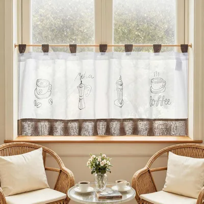 Produktbild von Vorhang für die Küche – Gardine – Kleine Vorhänge – Kurz – 1 Stück – Weiß mit kaffeebraun – Landhausstil – Für Fenster – Schrank unter der Spüle