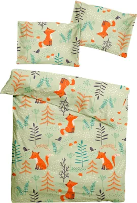 Produktbild von JACK Fein Biber Bettwäsche Baby 2 tlg. 100x135cm Fuchs Wald Natur Grün mit Reißverschluss