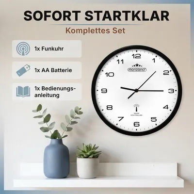 Produktbild von MONZANA Funkwanduhr Geräuscharm Schwarz Weiß 31cm Groß