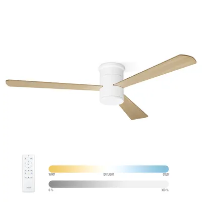 A white ceiling fan with wooden blades is shown against a white background, with a remote control and color/brightness scale below.