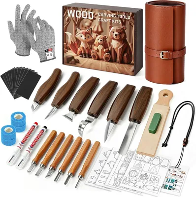 Image de Jeu de sculpture sur bois de haute qualité, comprenant 40 pièces, avec sac en cuir, idéal pour les travaux sur bois
