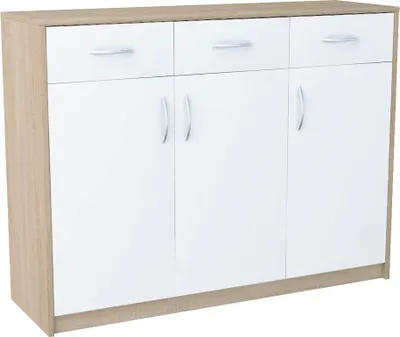 Zdjęcie produktu dla Nowoczesna Komoda Dąb Sonoma/Biały Pojemna Szafka 3 Szuflady 3 Drzwi K023S/B