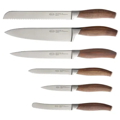 A set of five knives with wooden handles are displayed against a white background.